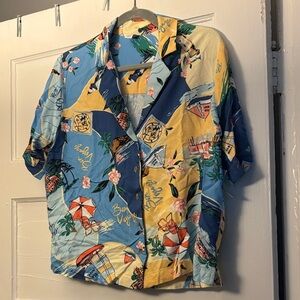 Old Navy Blue and Yellow Tropical Print Women's Shirt